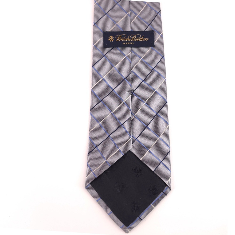 Brooks Brothers Makers Mens Tie Silk Gray Blue Plaid Made in USA Classic - Picture 5 of 9